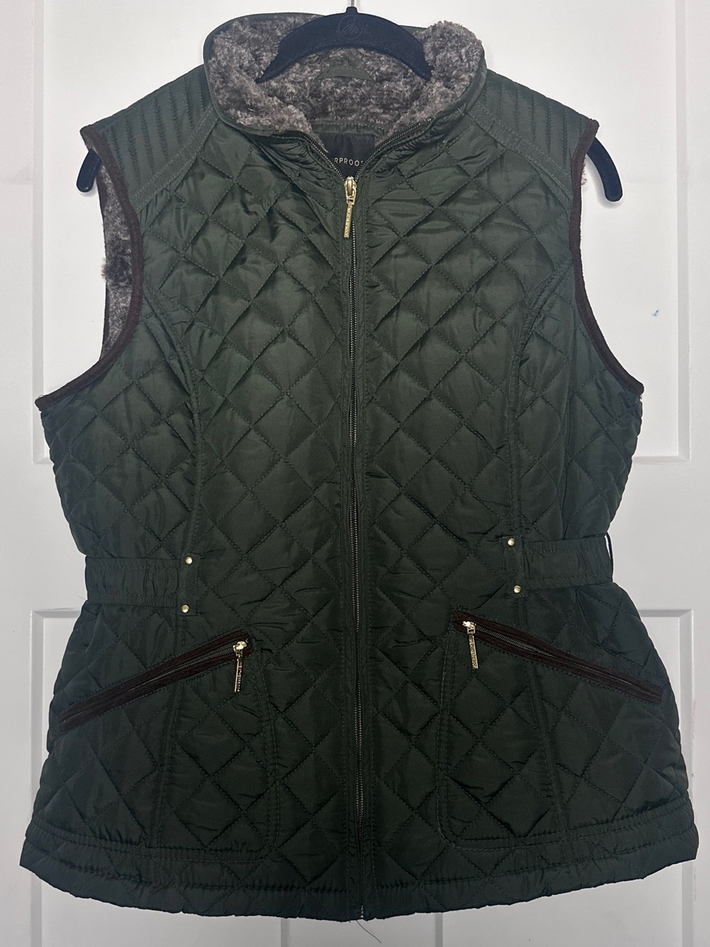 Weatherproof Quilted Dark Olive Green Vest with Faux Soft Fur Lining
